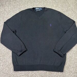 Polo Ralph Lauren Black Pima Cotton V-Neck Sweater Mens Large Purple Pony Logo
